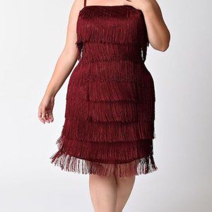 Unique Vintage Plus Size Burgundy Speakeasy Tiered Fringe Flapper Dress